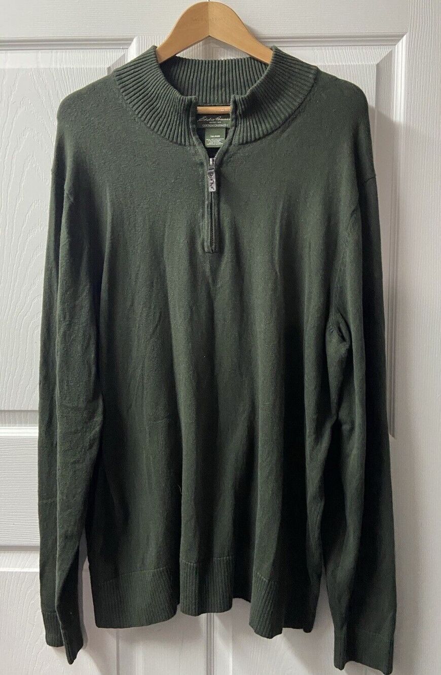 Cashmere Blend Eddie Bauer Sweater Mens XLT Green Quarter Zip Pullover